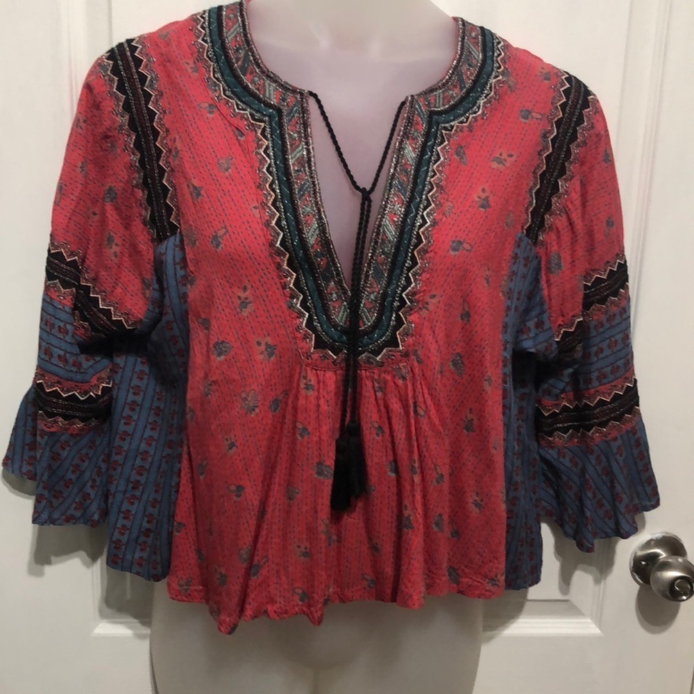 Free People Red and Blue Boho Embroidered Peasant Top